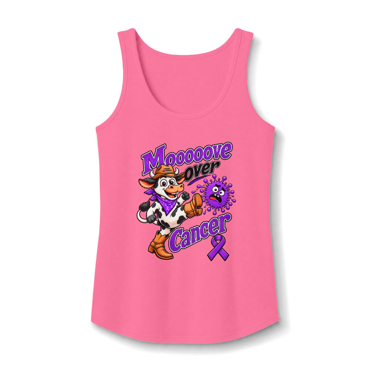 Pink Moooove Over Cancer tank top with Pancreatic Cancer awareness ribbon