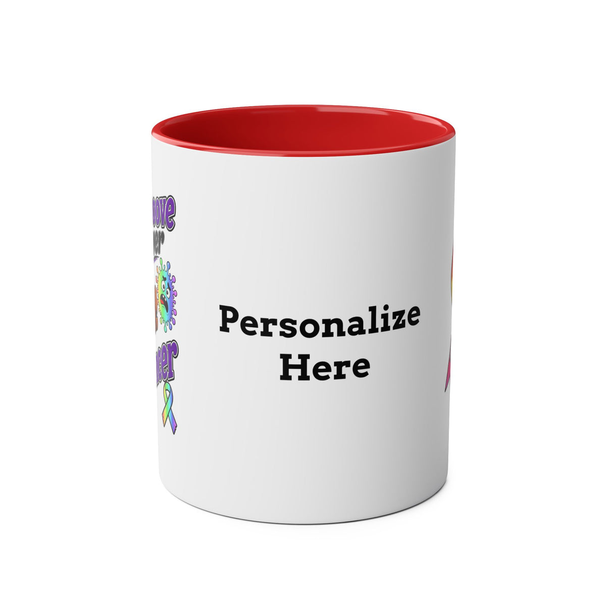 Back view of red Moooove Over Cancer mug with Team Victories awareness ribbon