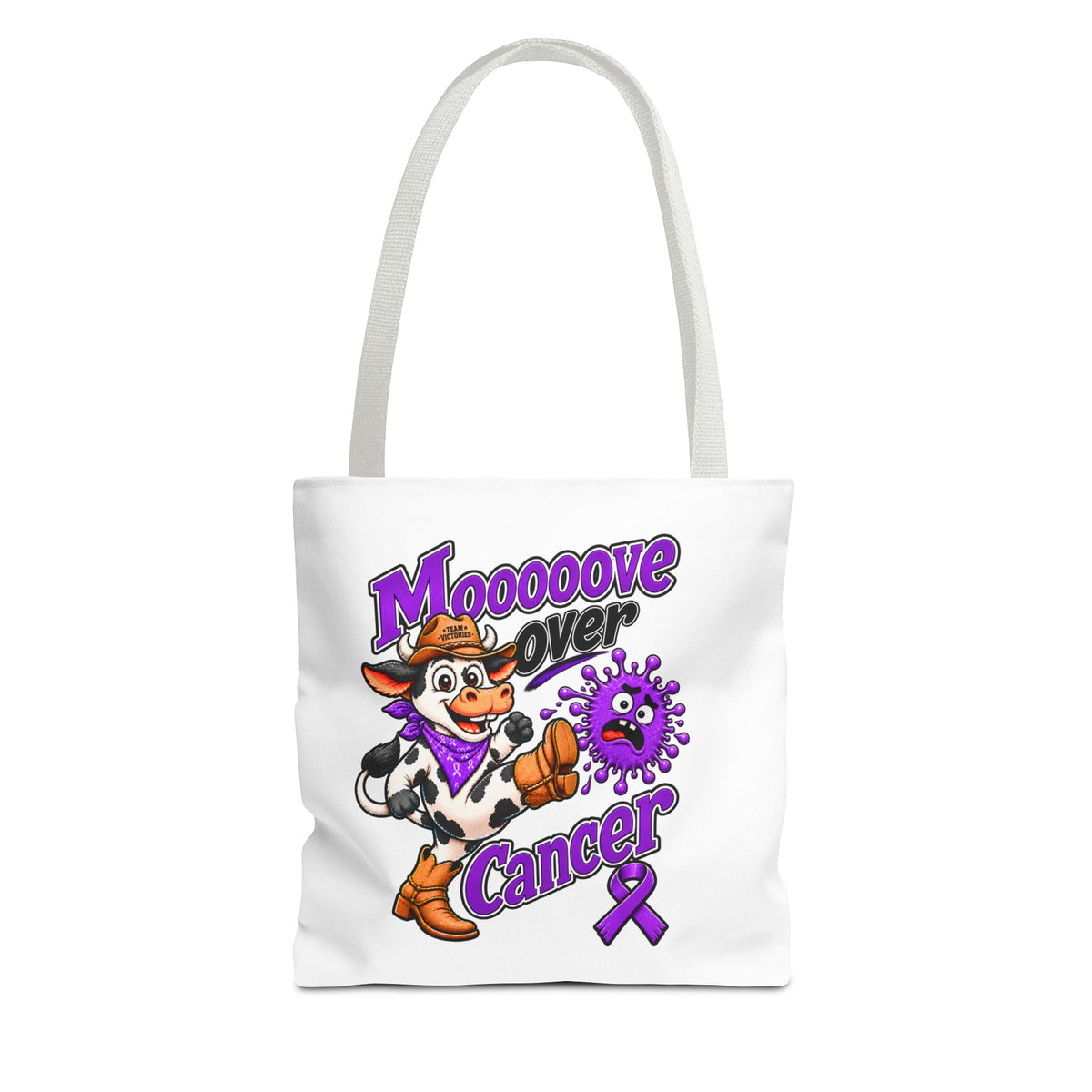 Moooove Over Cancer polyester tote with burgundy shoulder straps and cow artwork