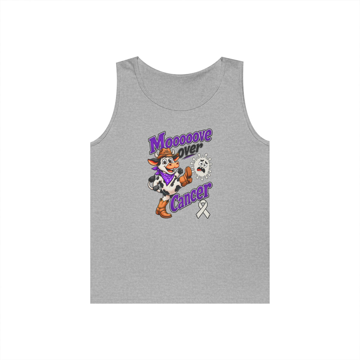 Moooove Over Cancer tank top with Lung Cancer awareness ribbon in gray