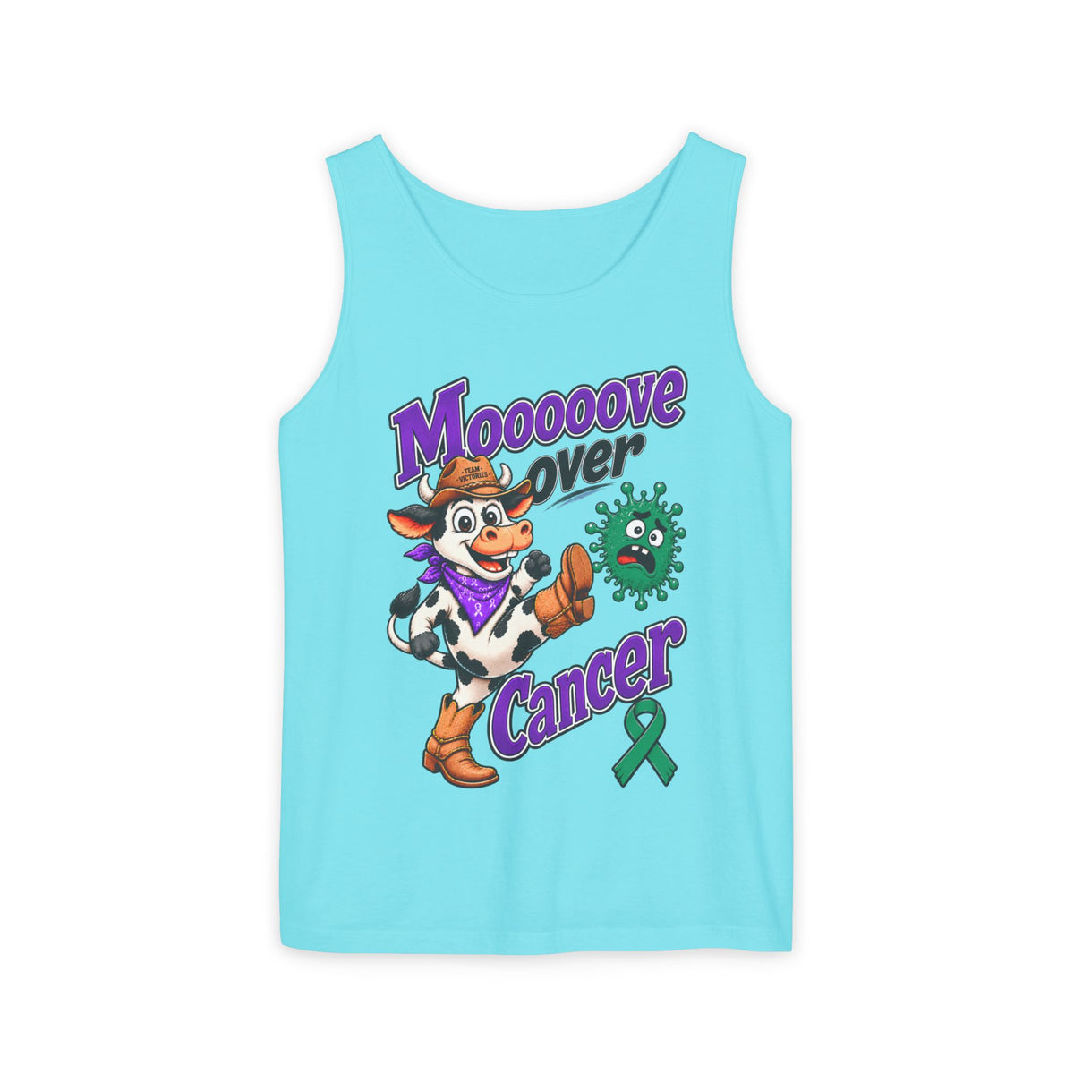Aqua Moooove Over Cancer tank top with cow illustration and Liver Cancer awareness ribbon