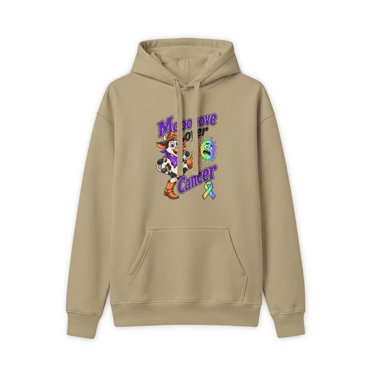 Tan Moooove Over Cancer hoodie with colorful all-cancer awareness ribbon artwork