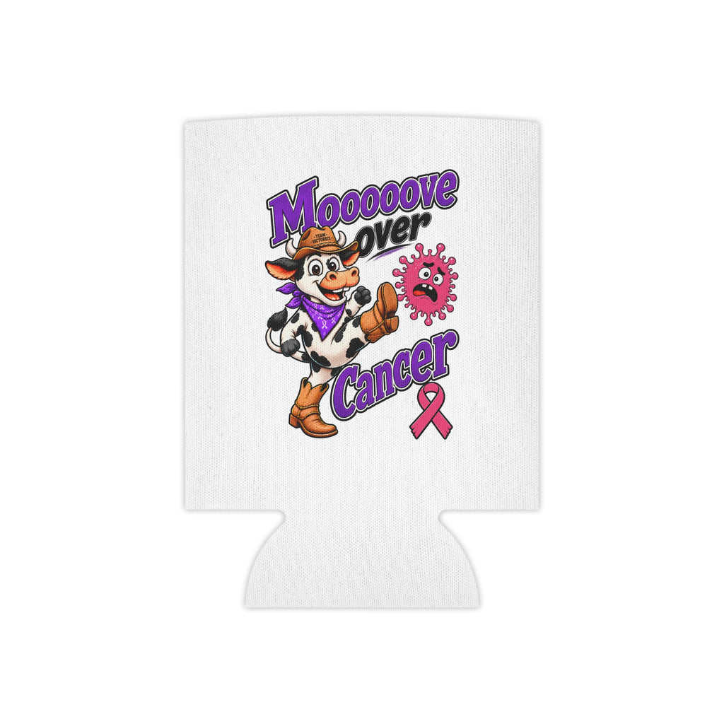 Moooove Over Cancer can cooler with cow mascot, purple lettering, and pink awareness ribbon
