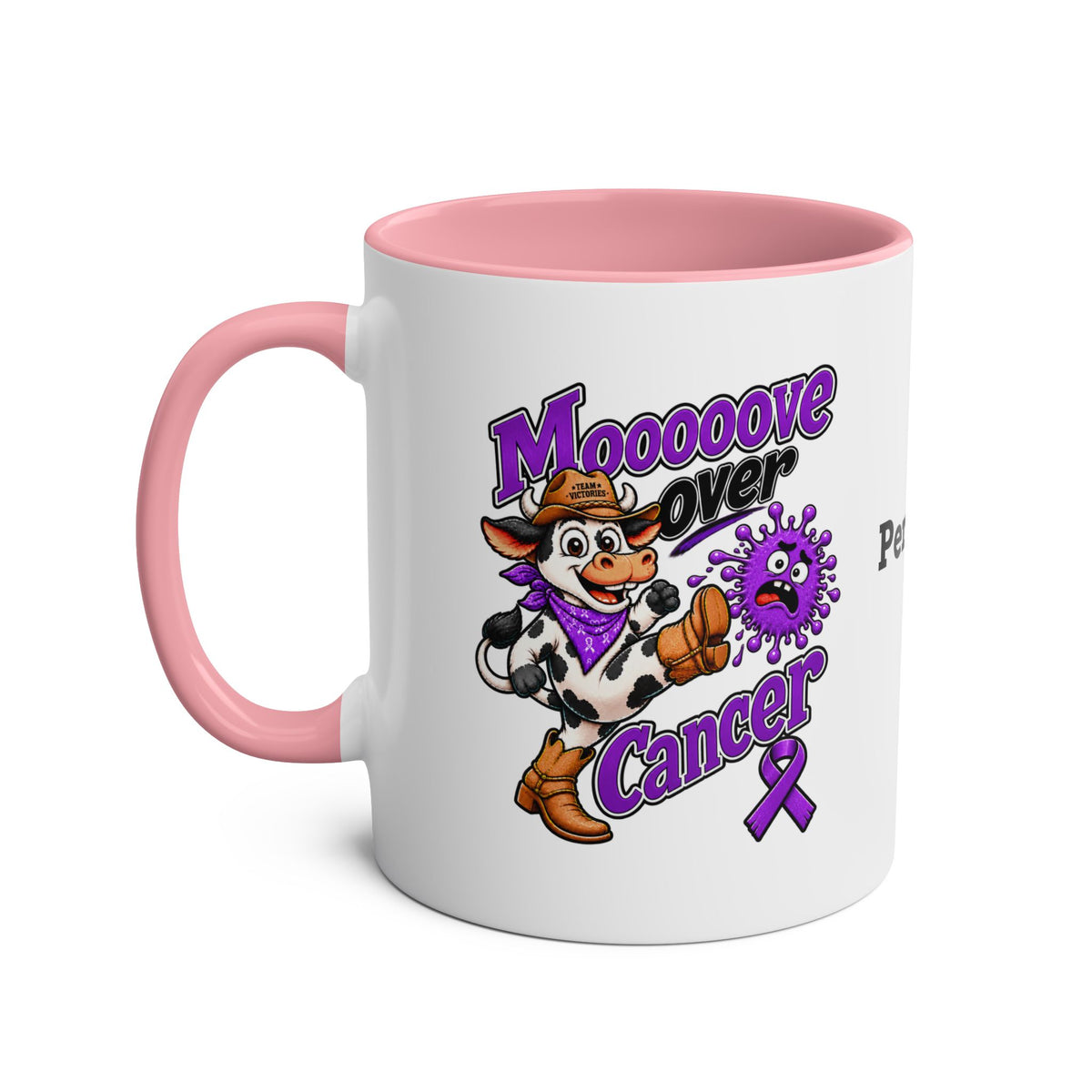 Moooove Over Cancer Team Victories mug with pink interior and handle