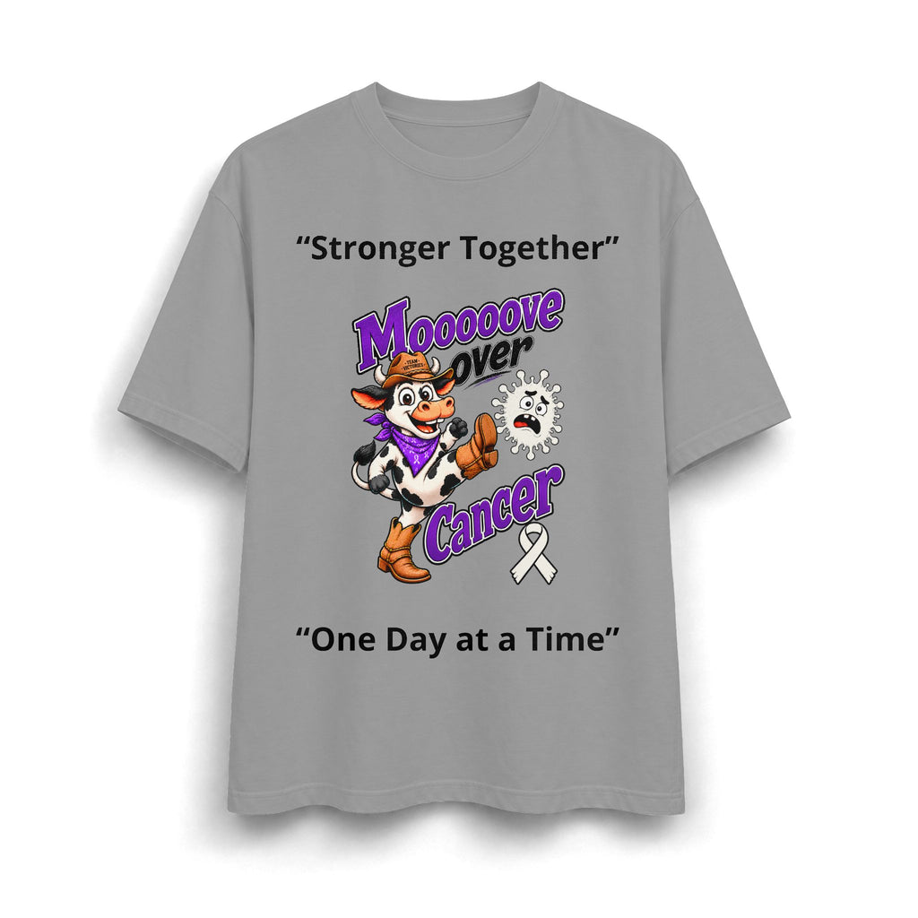 Moooove Over Cancer heavyweight T-shirt in gray with Stronger Together message