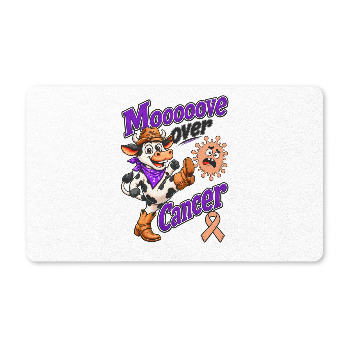 Moooove Over Cancer cow design with awareness ribbon on a polyester entry doormat