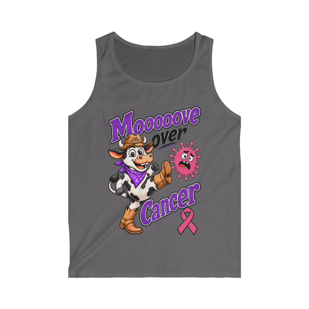 Dark gray Moooove Over Cancer tank top with Western cow graphic and pink ribbon