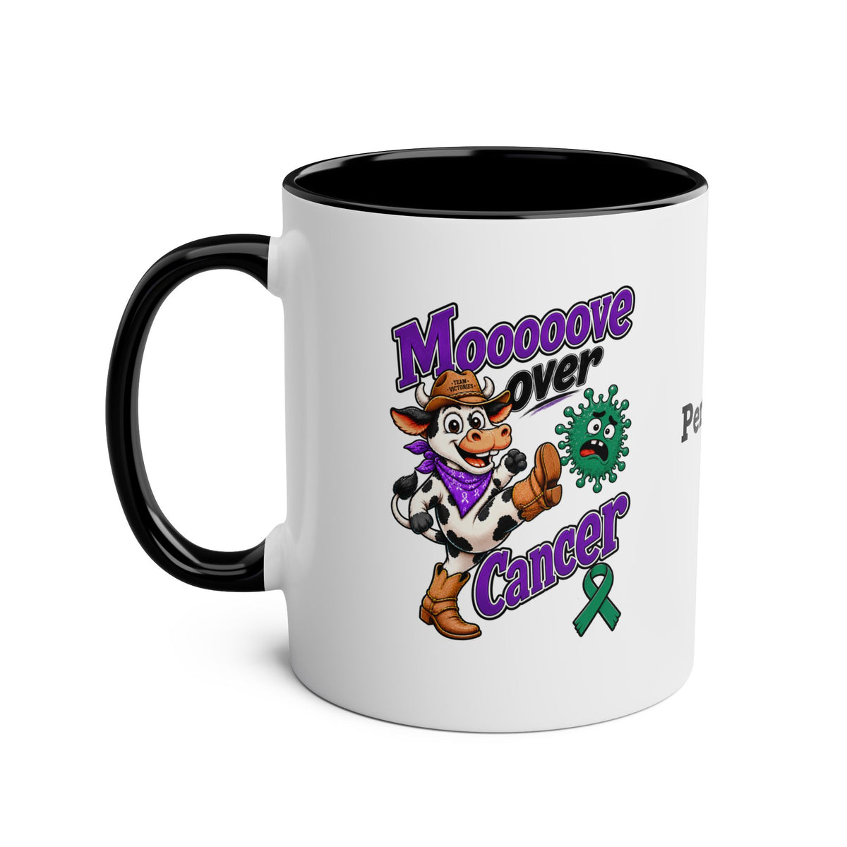 Moooove Over Cancer ceramic mug with black interior and handle