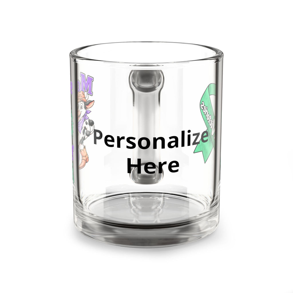 Moooove Over Cancer personalized 10 oz glass mug showing the custom name area
