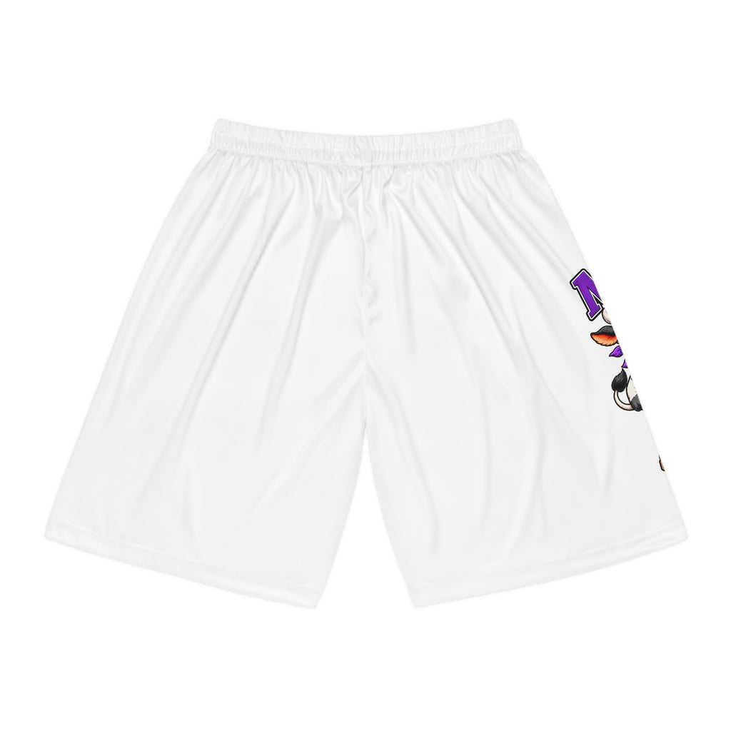 Back view of white Moooove Over Cancer basketball shorts with partial side artwork