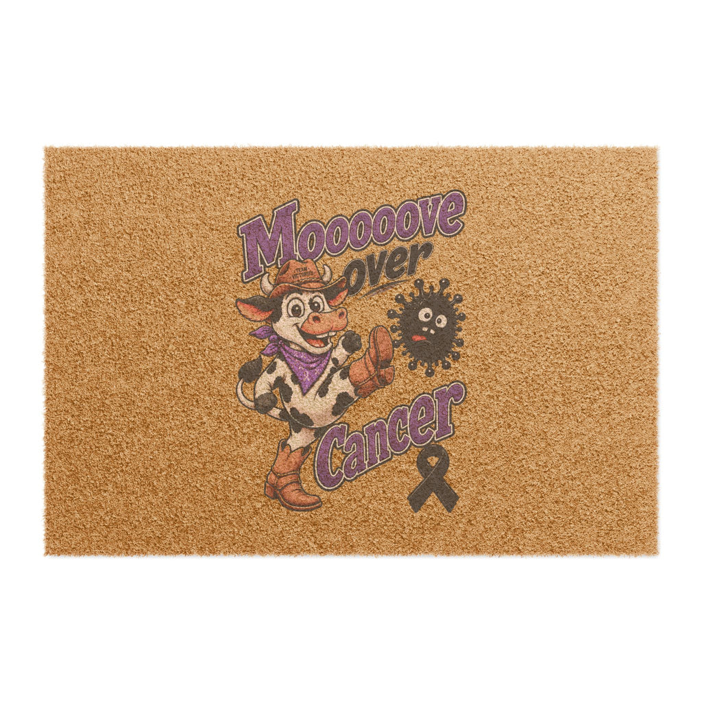 Moooove Over Cancer cowgirl design on a coir doormat with a black ribbon