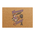 Moooove Over Cancer cowgirl design on a coir doormat with a black ribbon