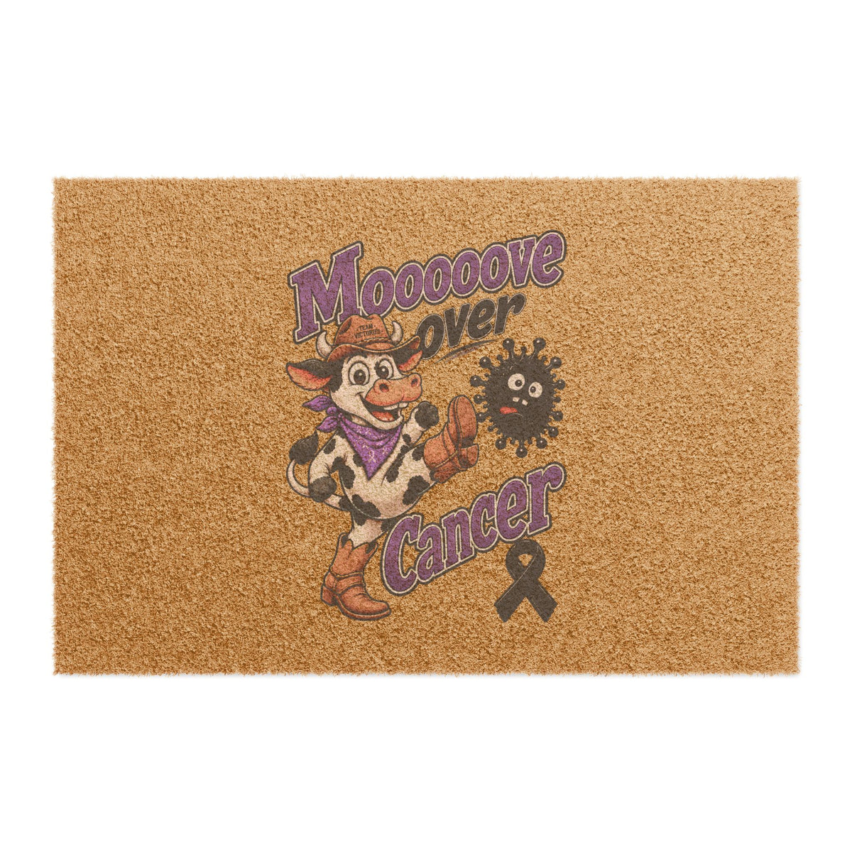 Moooove Over Cancer cowgirl design on a coir doormat with a black ribbon
