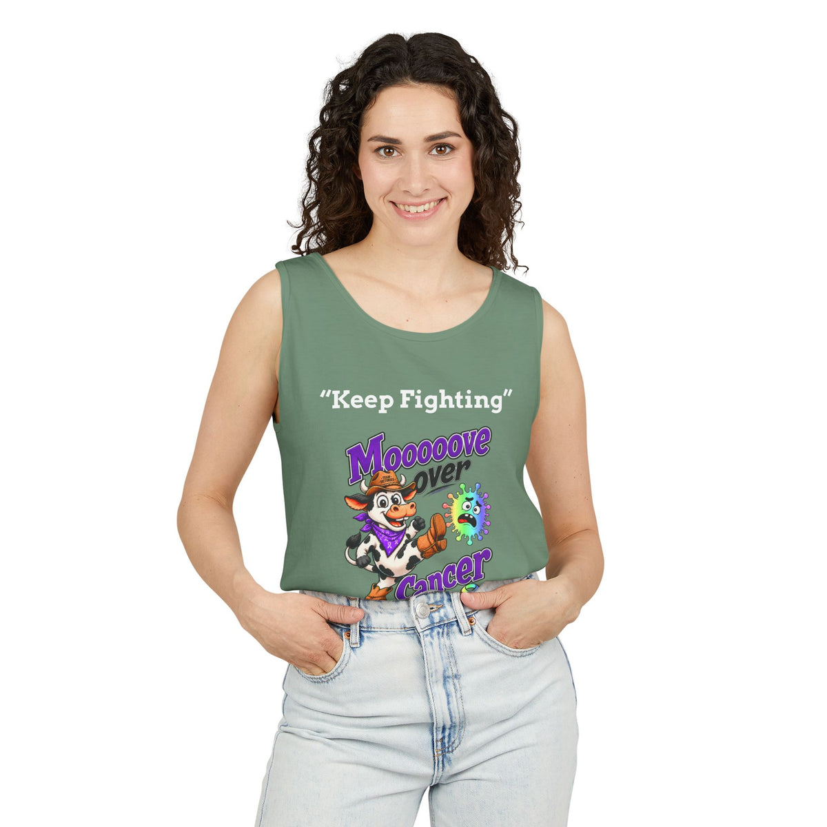 Man wearing an aqua Moooove Over Cancer tank top with Keep Fighting artwork