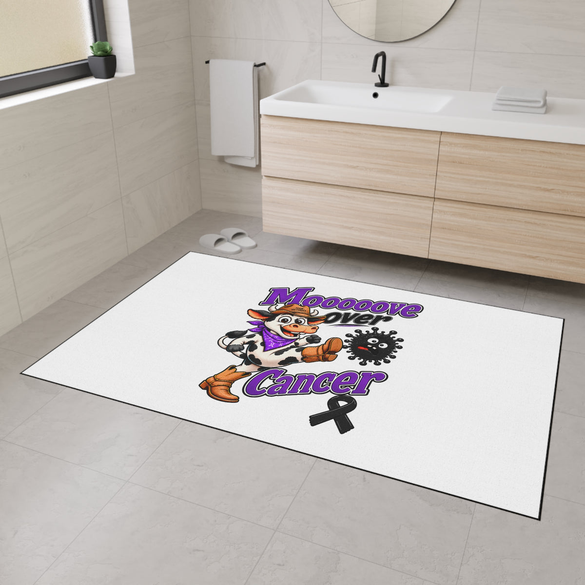 Moooove Over Cancer floor mat styled in a modern bathroom