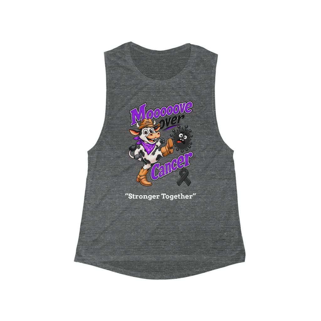 Front of Moooove Over Cancer muscle tank with cowgirl-and-cow graphic and Stronger Together slogan