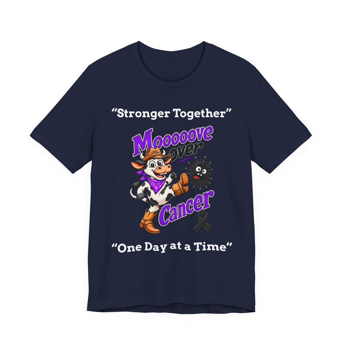 Moooove Over Cancer navy T-shirt with Western cancer-support design