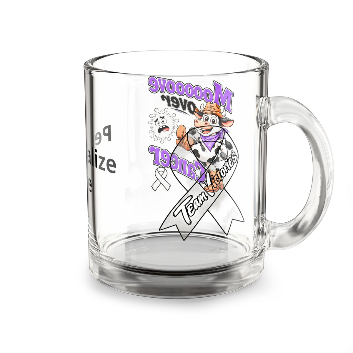 Moooove Over Cancer cowgirl ribbon artwork and handle on a clear personalized glass mug