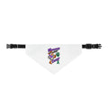 Moooove Over Cancer white clip-on pet bandana with colorful cancer-awareness ribbon design