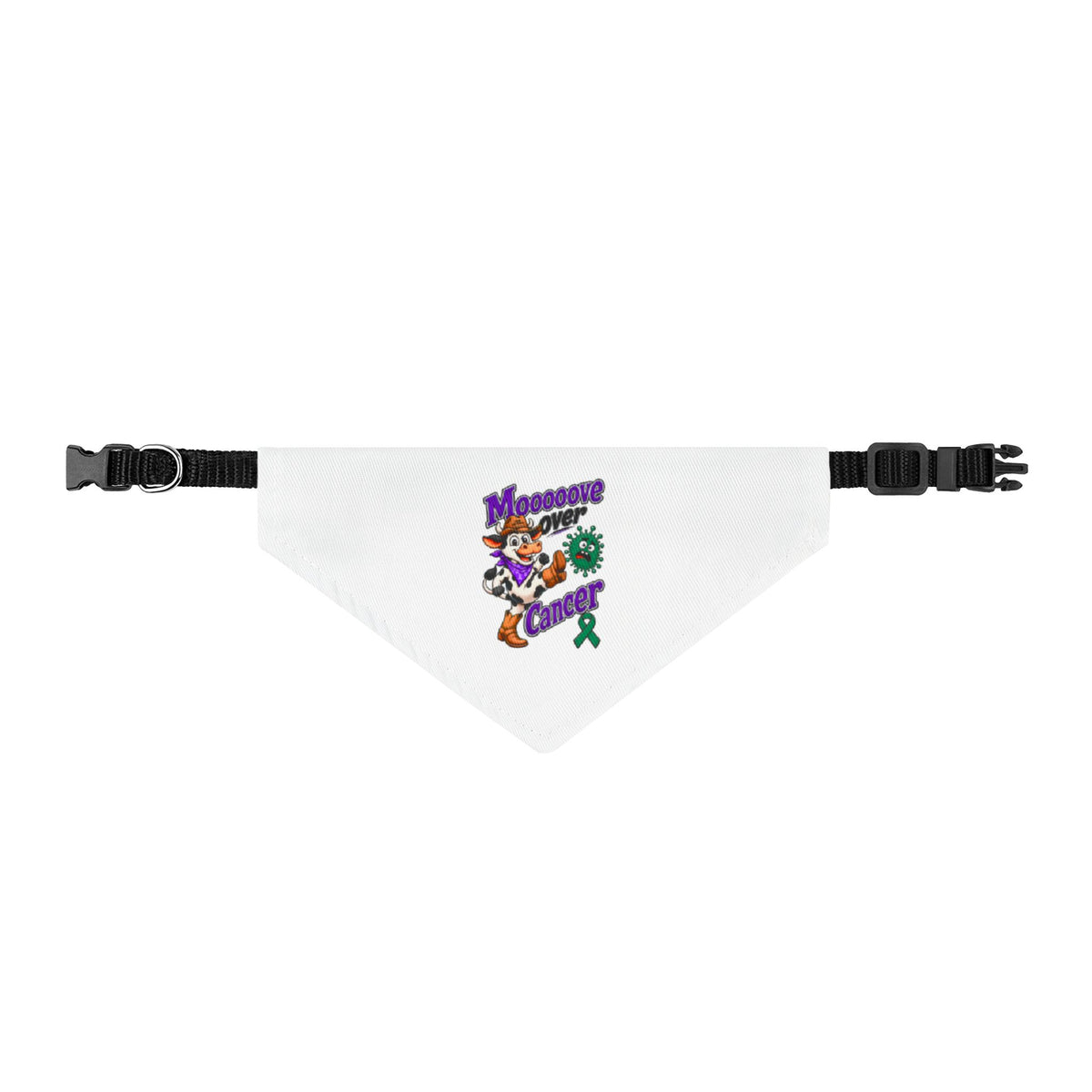 Moooove Over Cancer white clip-on pet bandana with colorful cancer-awareness ribbon design