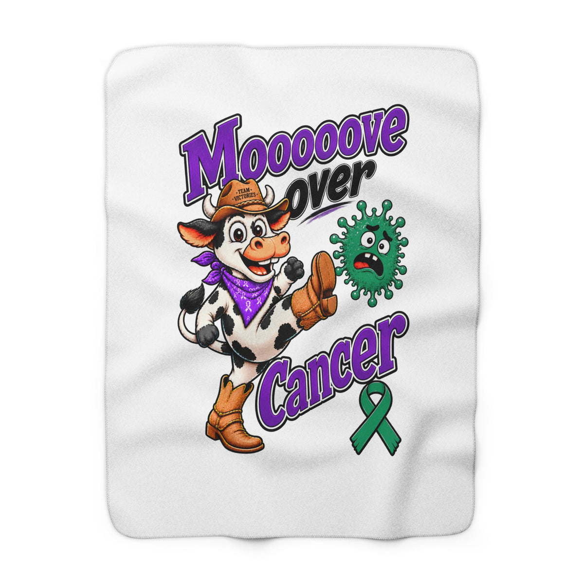 Moooove Over Cancer sherpa blanket with cow design and green Liver Cancer awareness ribbon