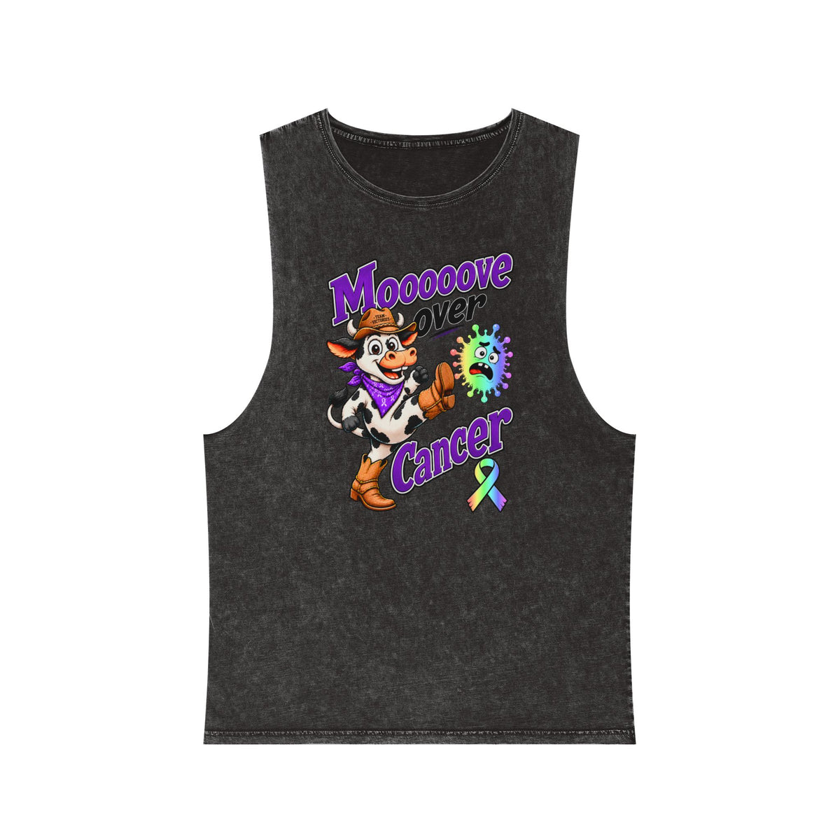 Moooove Over Cancer stonewashed tank top with an all-cancer awareness ribbon
