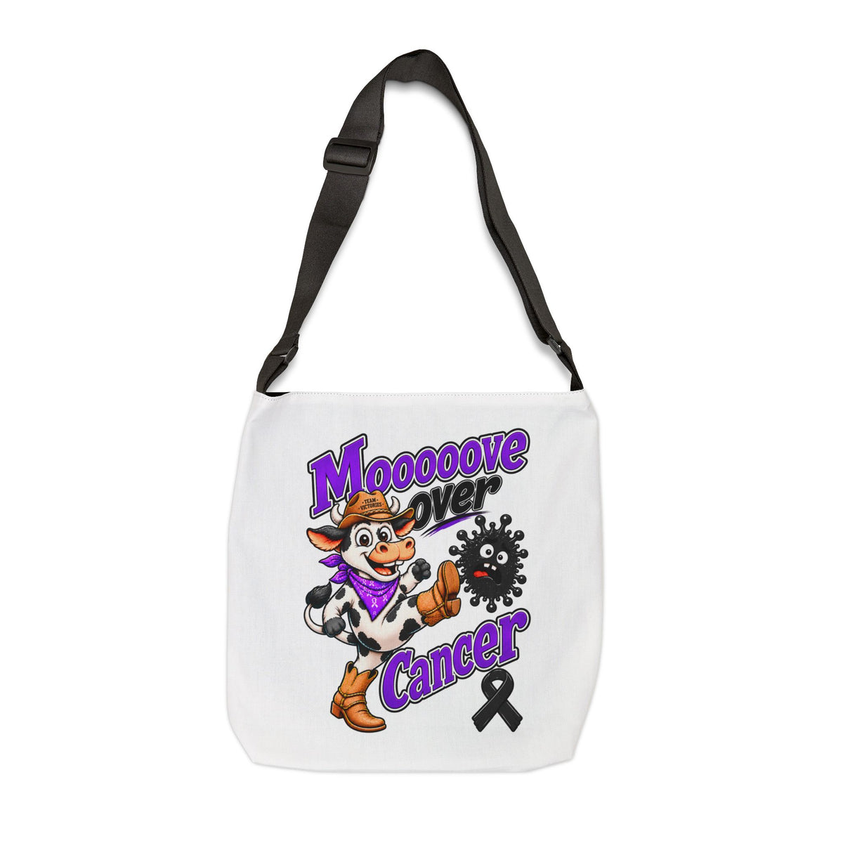 Moooove Over Cancer shoulder tote with cow artwork and Melanoma Cancer awareness ribbon