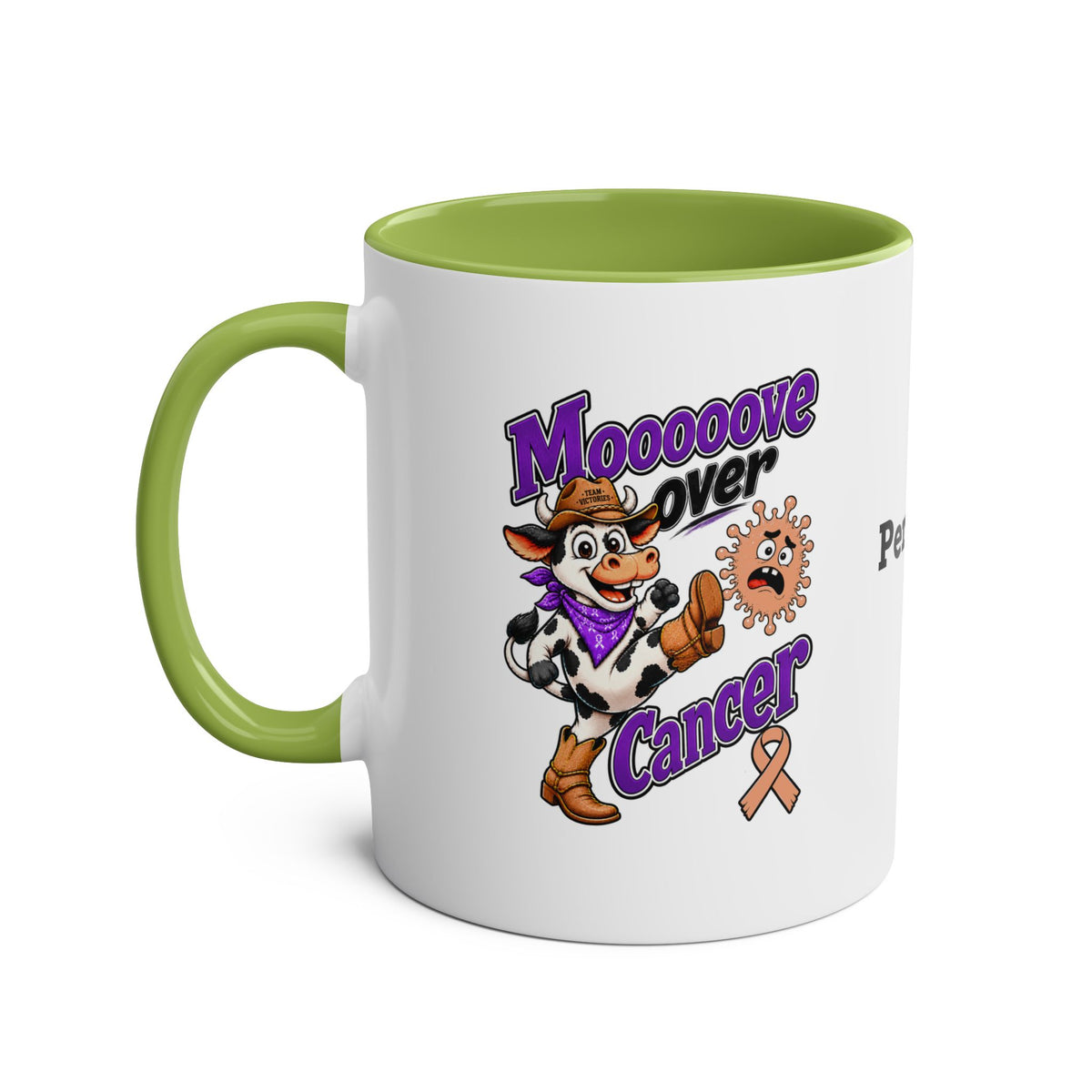 Moooove Over Cancer personalized ceramic mug with green accent color