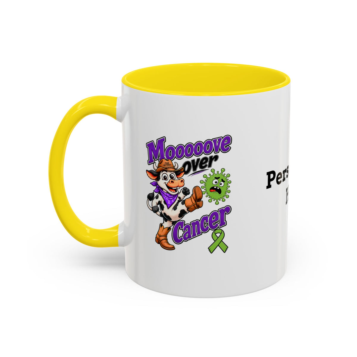 Moooove Over Cancer mug side view with blue accent and Non-Hodgkin/Lymphoma Cancer awareness ribbon