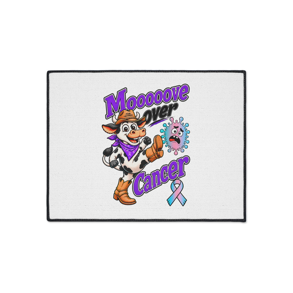 Moooove Over Cancer entry rug featuring cowgirl artwork and pink-and-blue ribbon