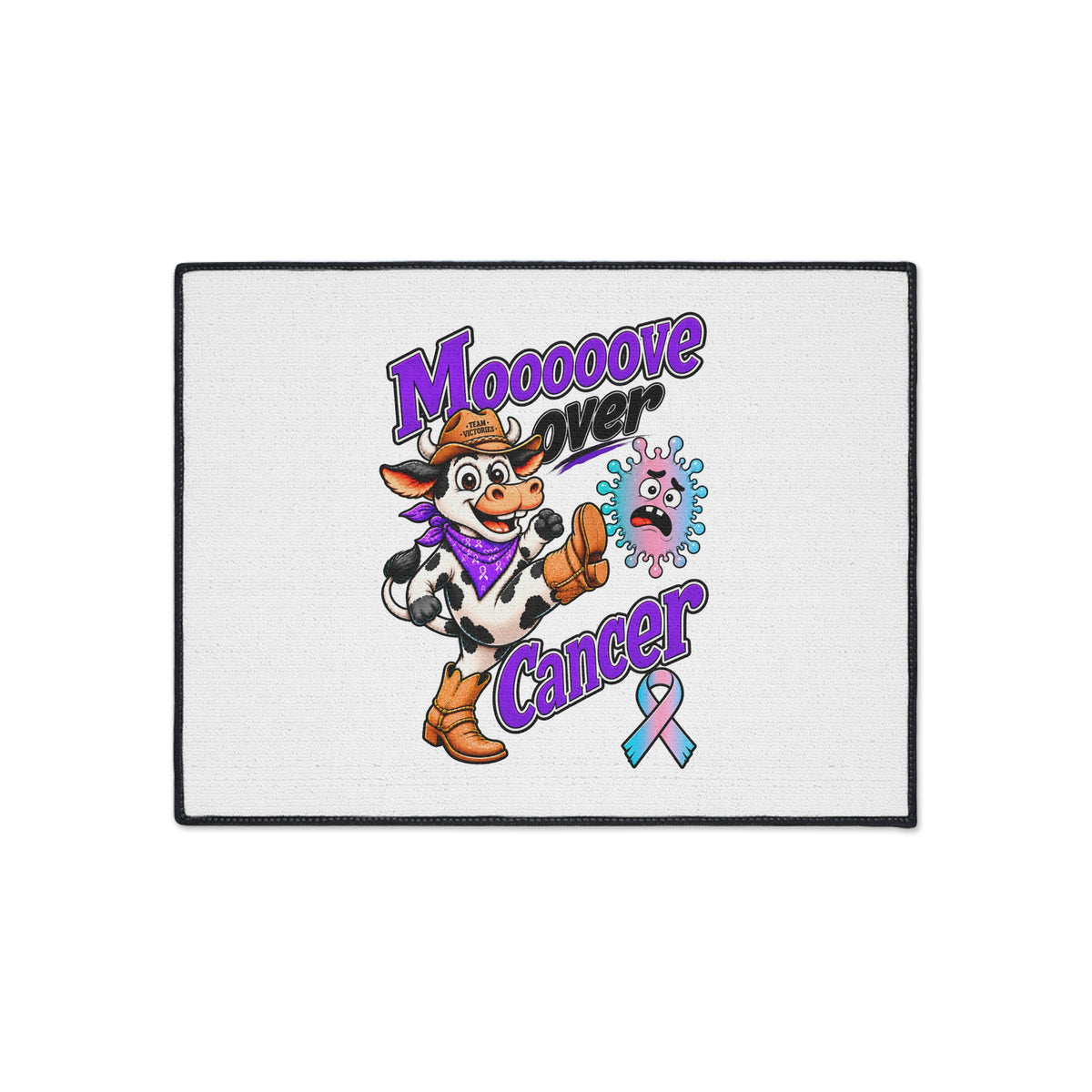 Moooove Over Cancer entry rug featuring cowgirl artwork and pink-and-blue ribbon