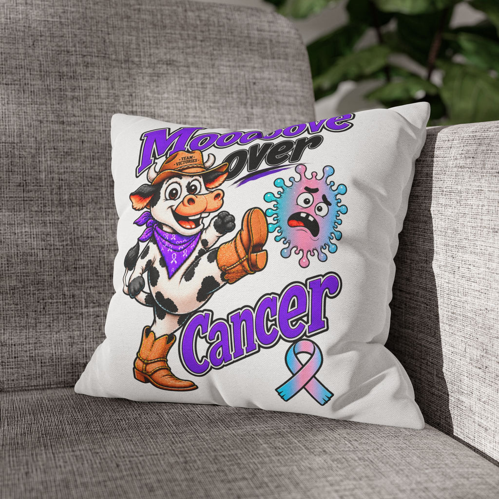 Team Victories pillowcases on a sofa, including Moooove Over Cancer and Thyroid Cancer awareness ribbon designs
