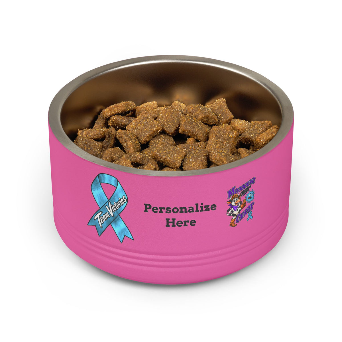 Pink Mooove Over Cancer personalized pet bowl with Prostate Cancer awareness ribbon