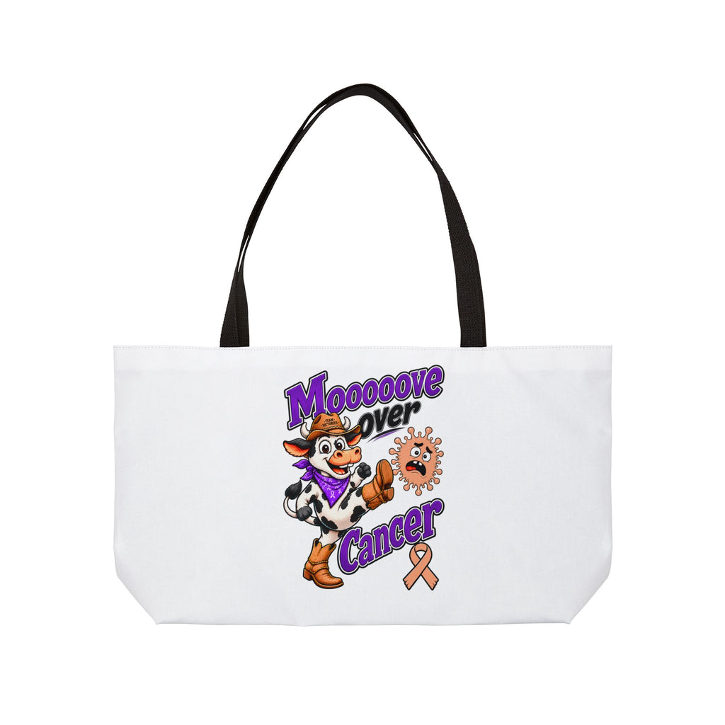 Moooove Over Cancer weekender tote bag with colorful cow design and orange ribbon