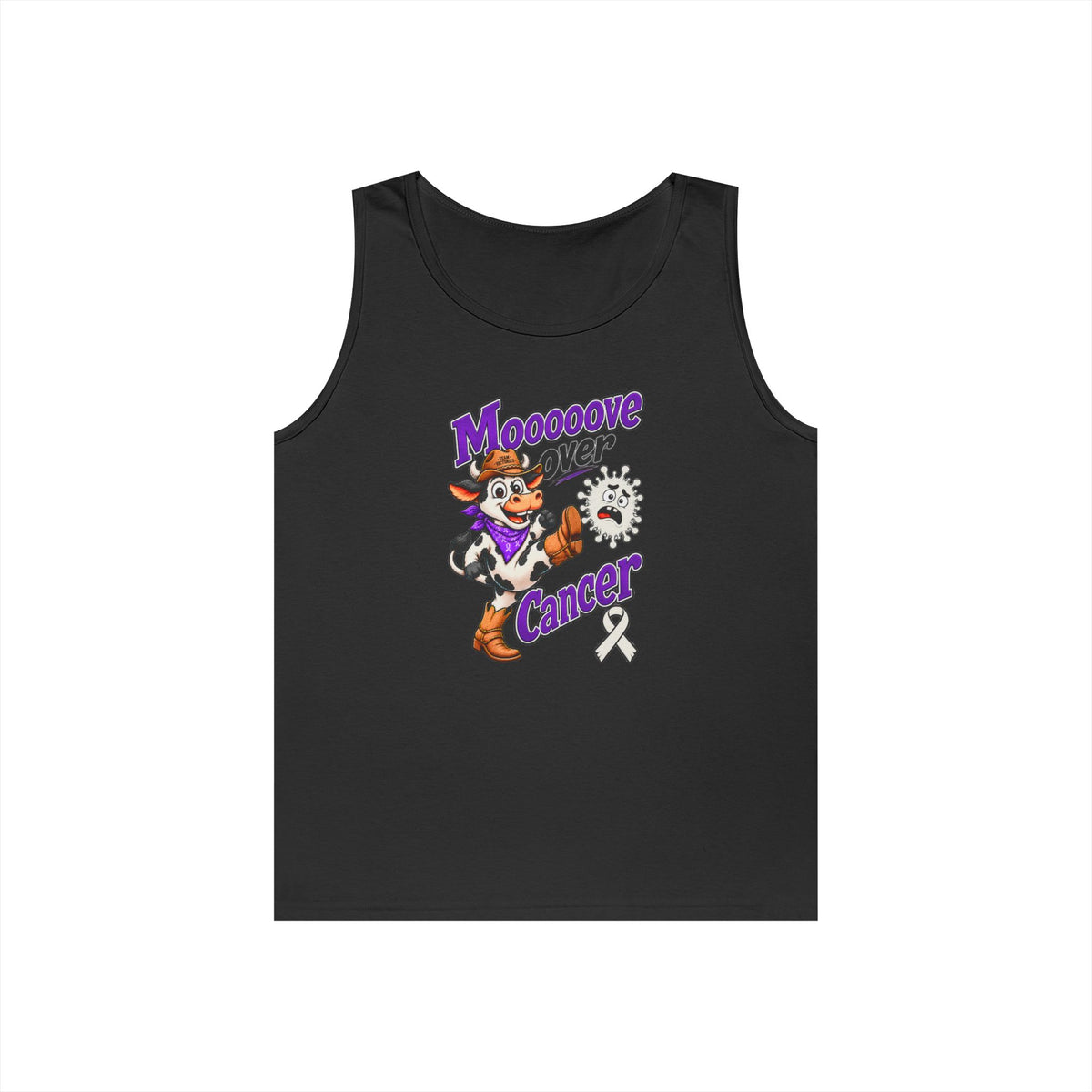 Moooove Over Cancer tank top with Lung Cancer awareness ribbon in black