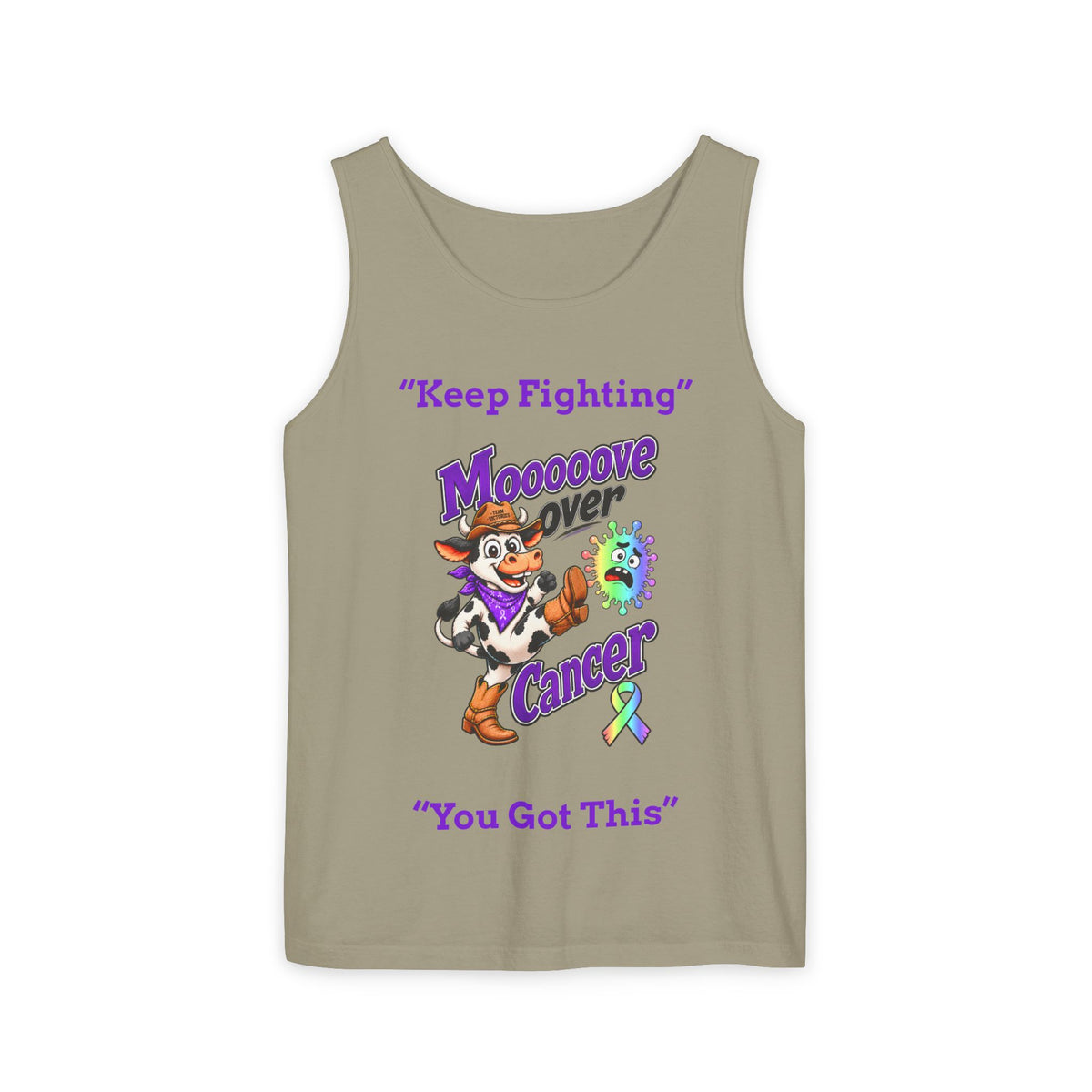 Olive Moooove Over Cancer tank top with character artwork and all-cancer awareness ribbon