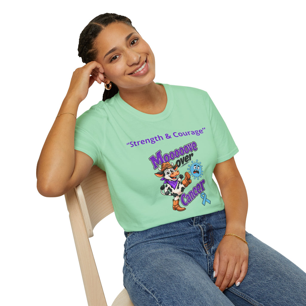 Woman wearing light blue Moooove Over Cancer T-shirt with Western cancer-support design