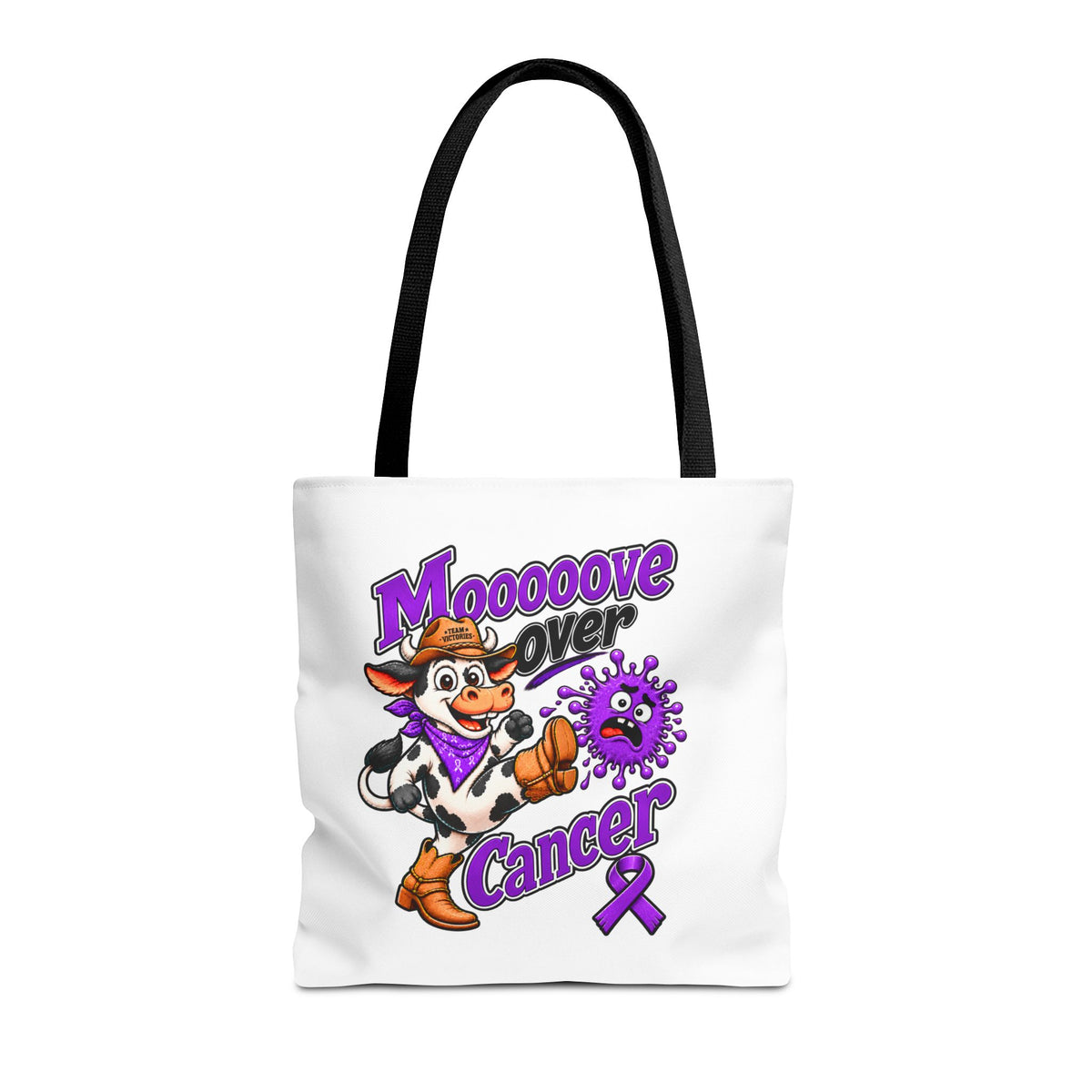 Team Victories purple Pancreatic Cancer awareness ribbon on the back of a polyester tote