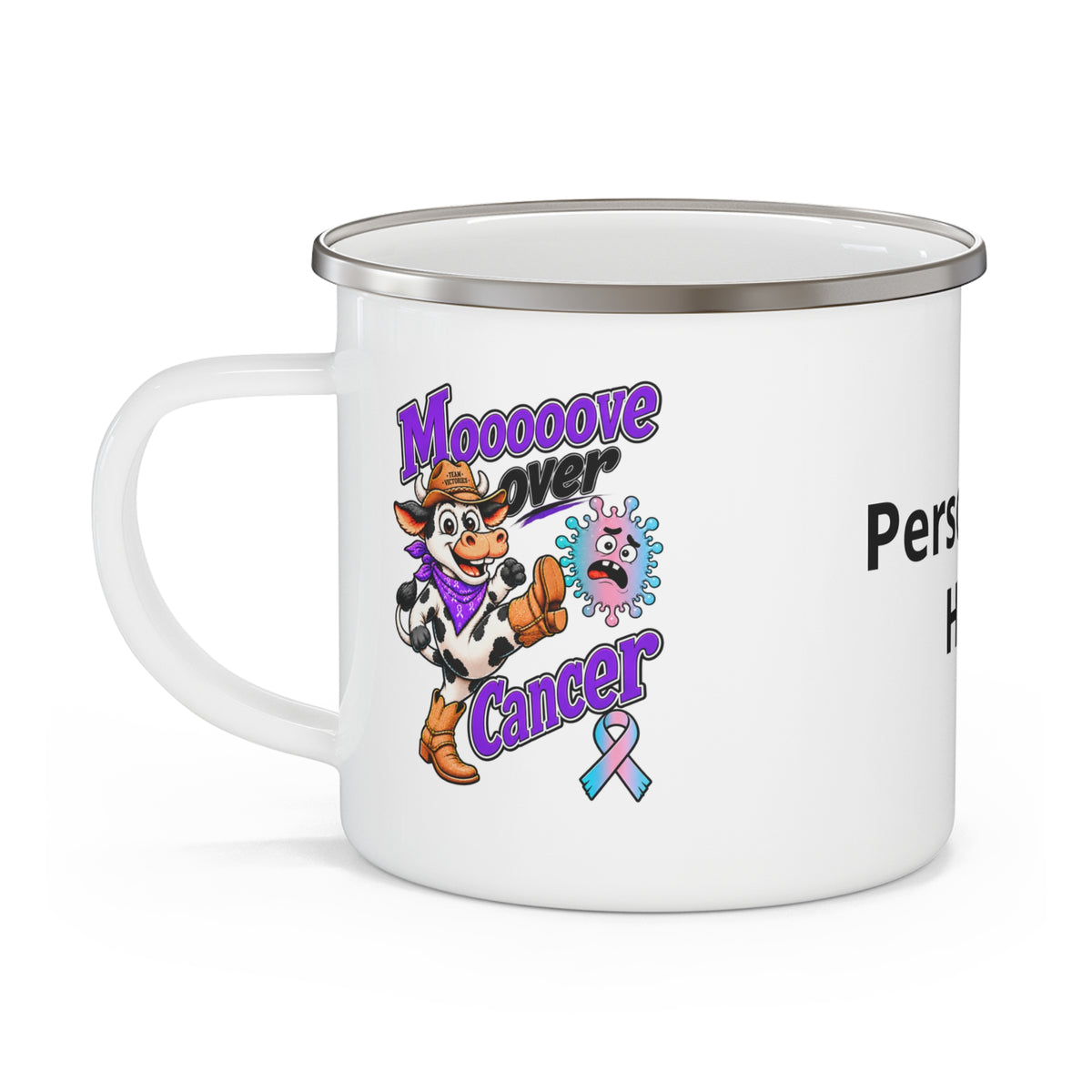 Moooove Over Cancer enamel camping mug with Thyroid Cancer awareness ribbon and personalization area