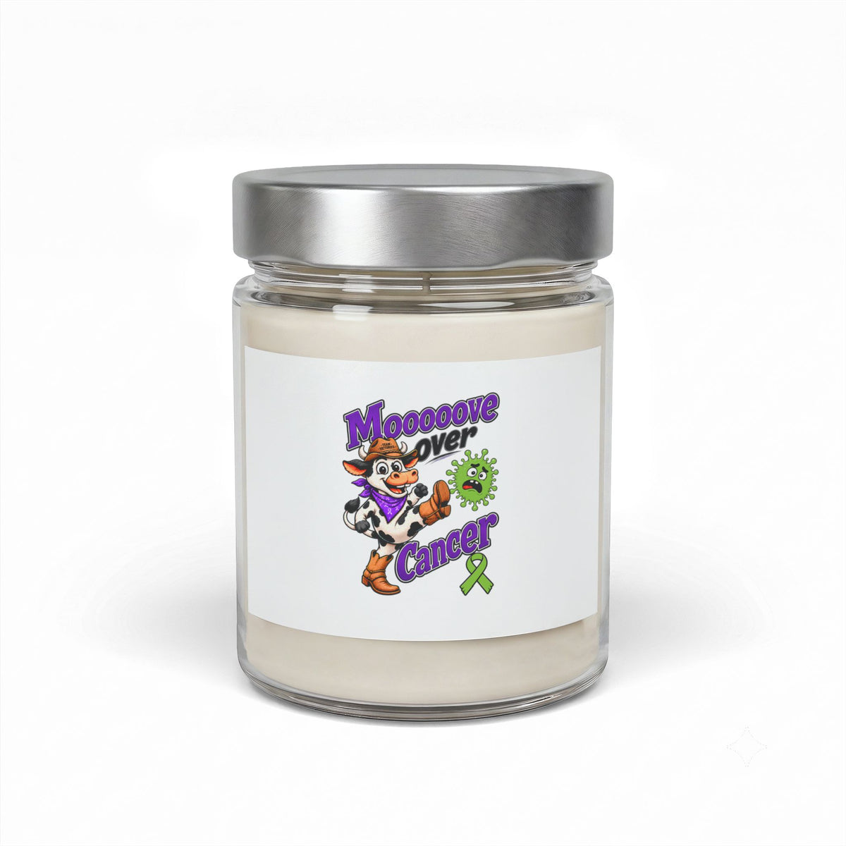Moooove Over Cancer 9 oz soy candle with a lime Non-Hodgkin/Lymphoma Cancer awareness ribbon label