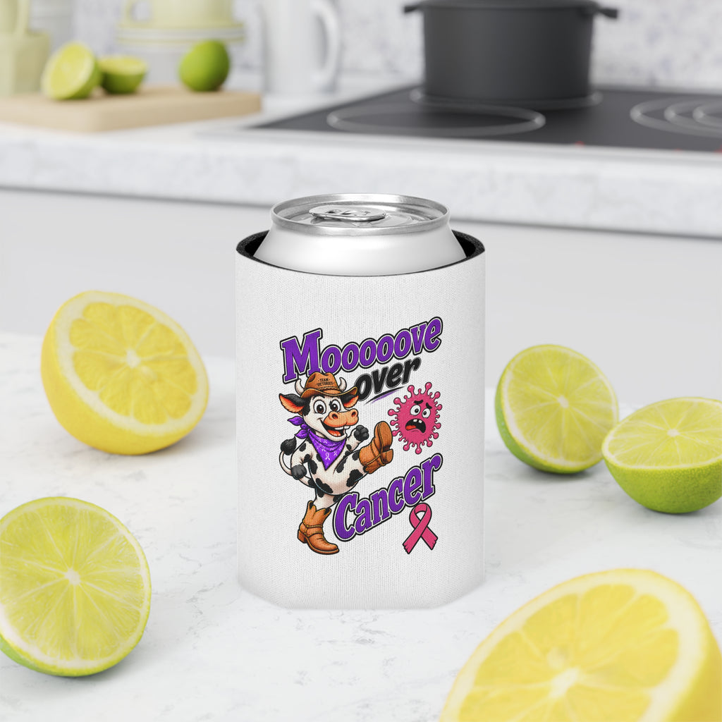 Moooove Over Cancer can cooler displayed with lemons and limes