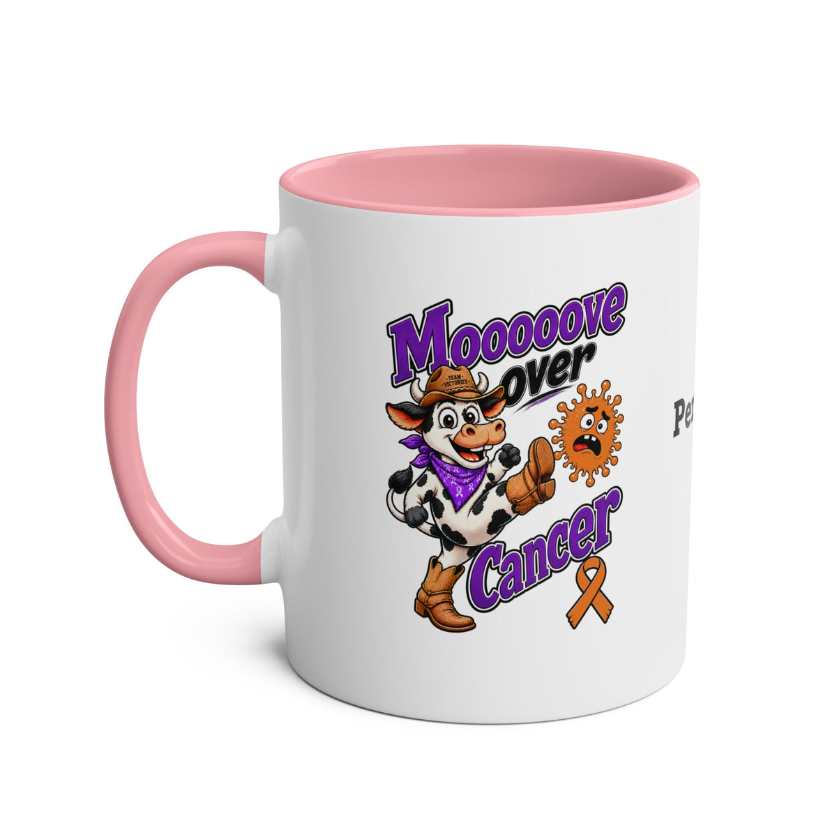 Moooove Over Cancer mug showing the personalization area on the back