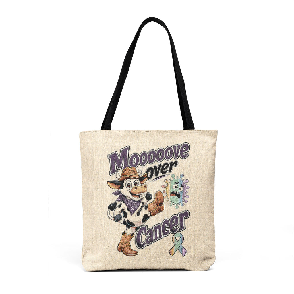 Back view of Moooove Over Cancer woven tote bag with black cotton straps