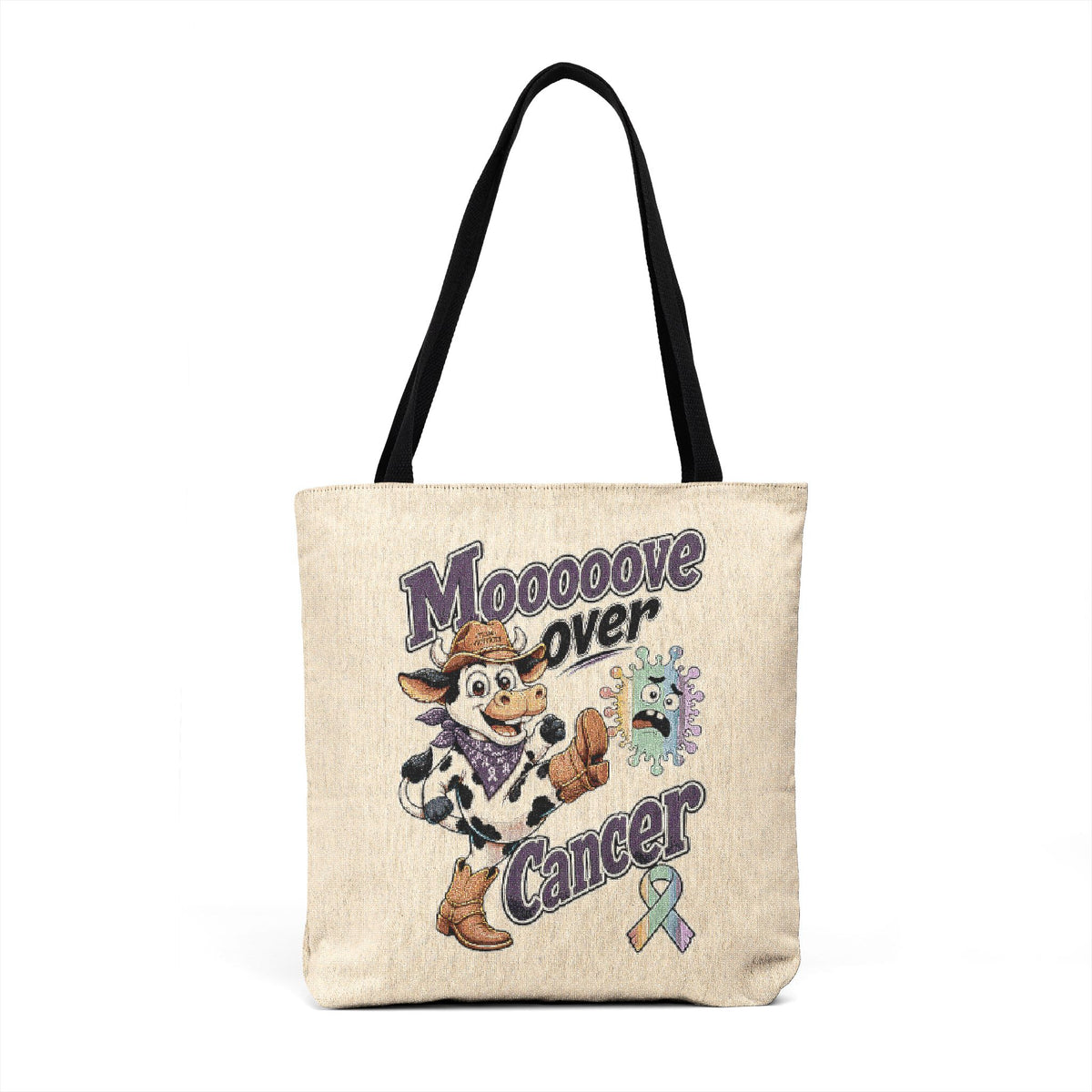 Back view of Moooove Over Cancer woven tote bag with black cotton straps