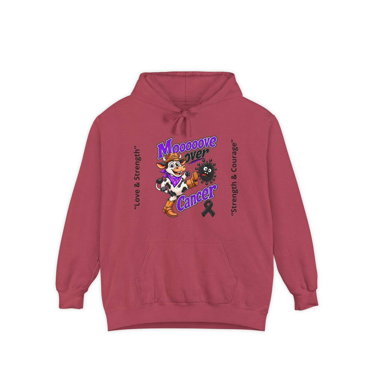 Red Moooove Over Cancer hoodie featuring colorful cow cancer awareness artwork
