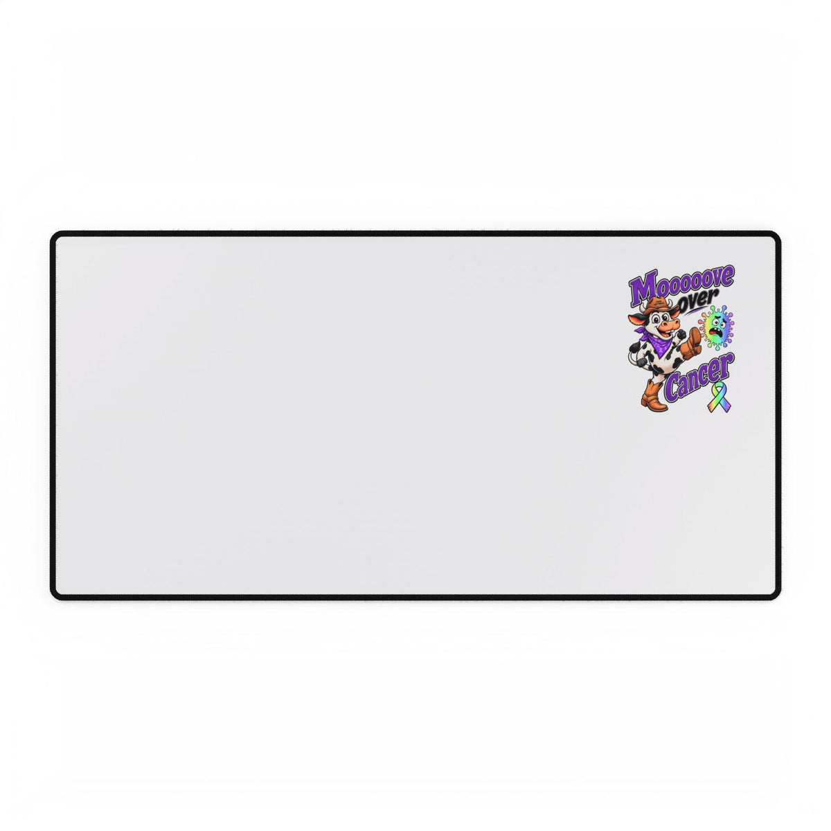 Wide Moooove Over Cancer mouse pad with cow artwork and all-cancer awareness ribbon
