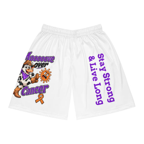 Moooove Over Cancer personalized basketball shorts with cow artwork, orange ribbon, and Stay Strong & Live Long text