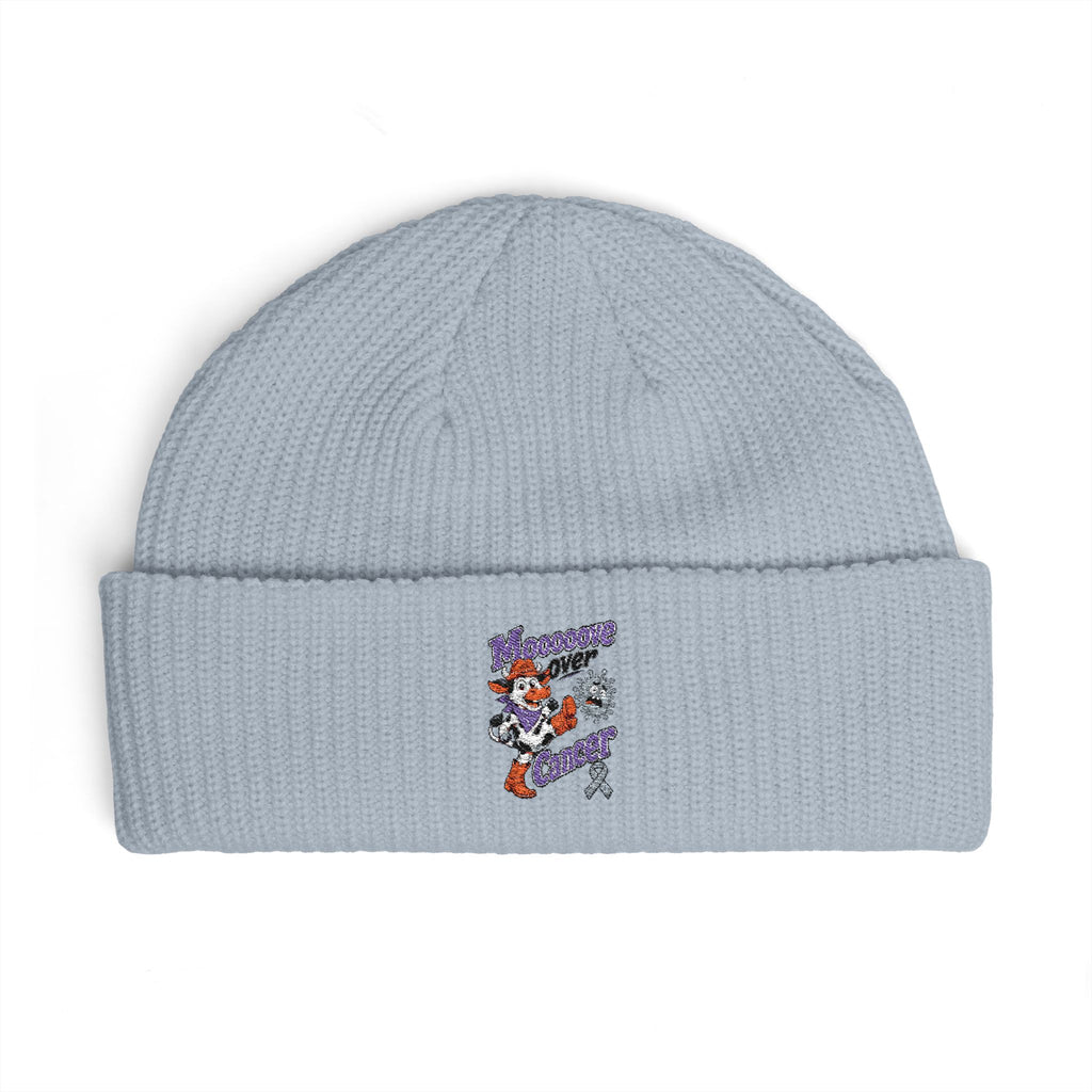 Light blue Moooove Over Cancer embroidered cuff beanie with awareness design