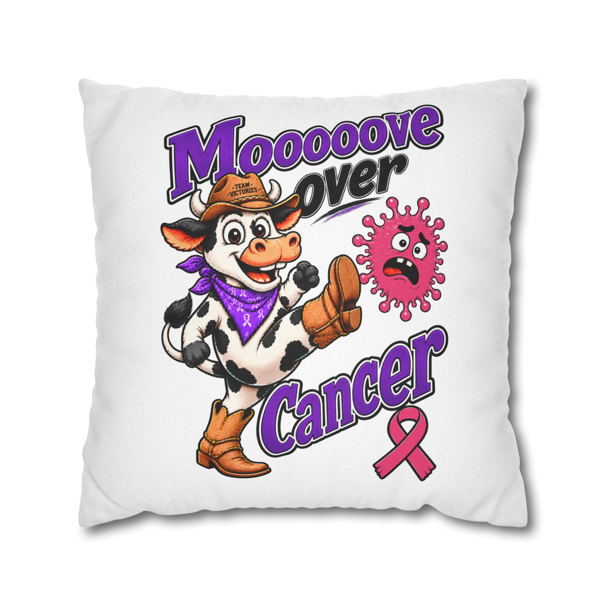 Moooove Over Cancer cow pillow cover with purple lettering and Breast Cancer awareness ribbon