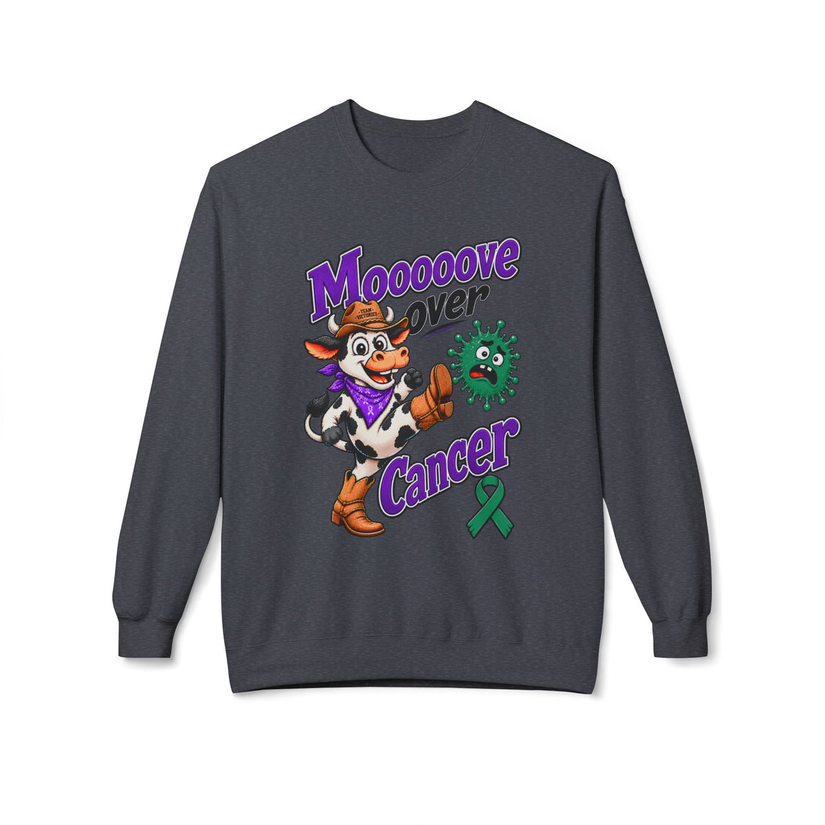 Gray Moooove Over Cancer sweatshirt with Liver Cancer awareness ribbon artwork
